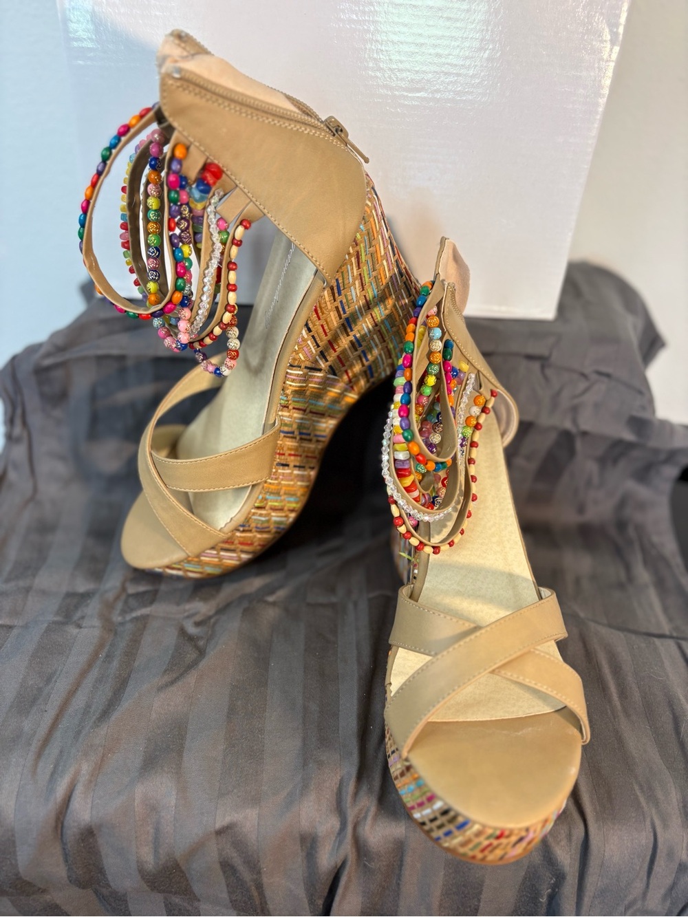 Neutral Tan Beaded Ankle-Strap Wedge Sandals - Women